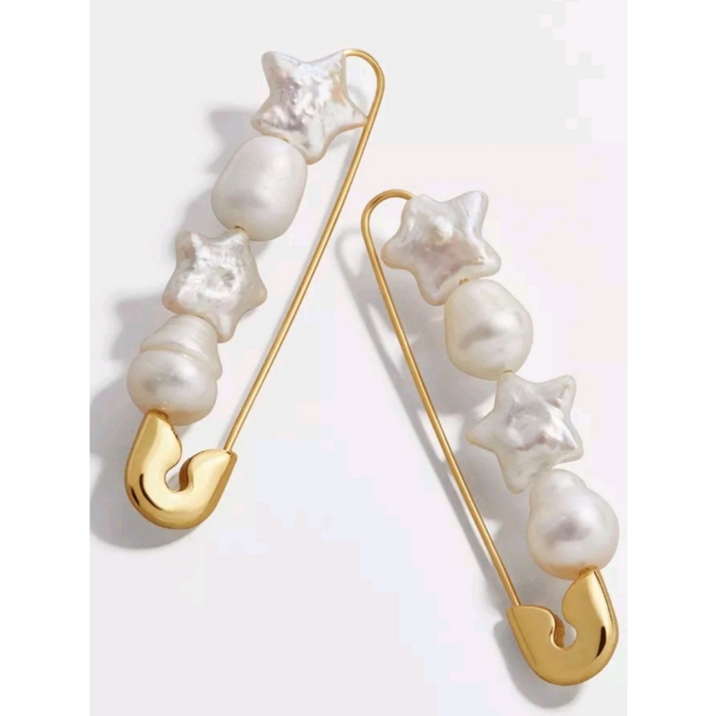 Gold Statement Safety Pin Earrings Pearl Color Detailed Beads 22$